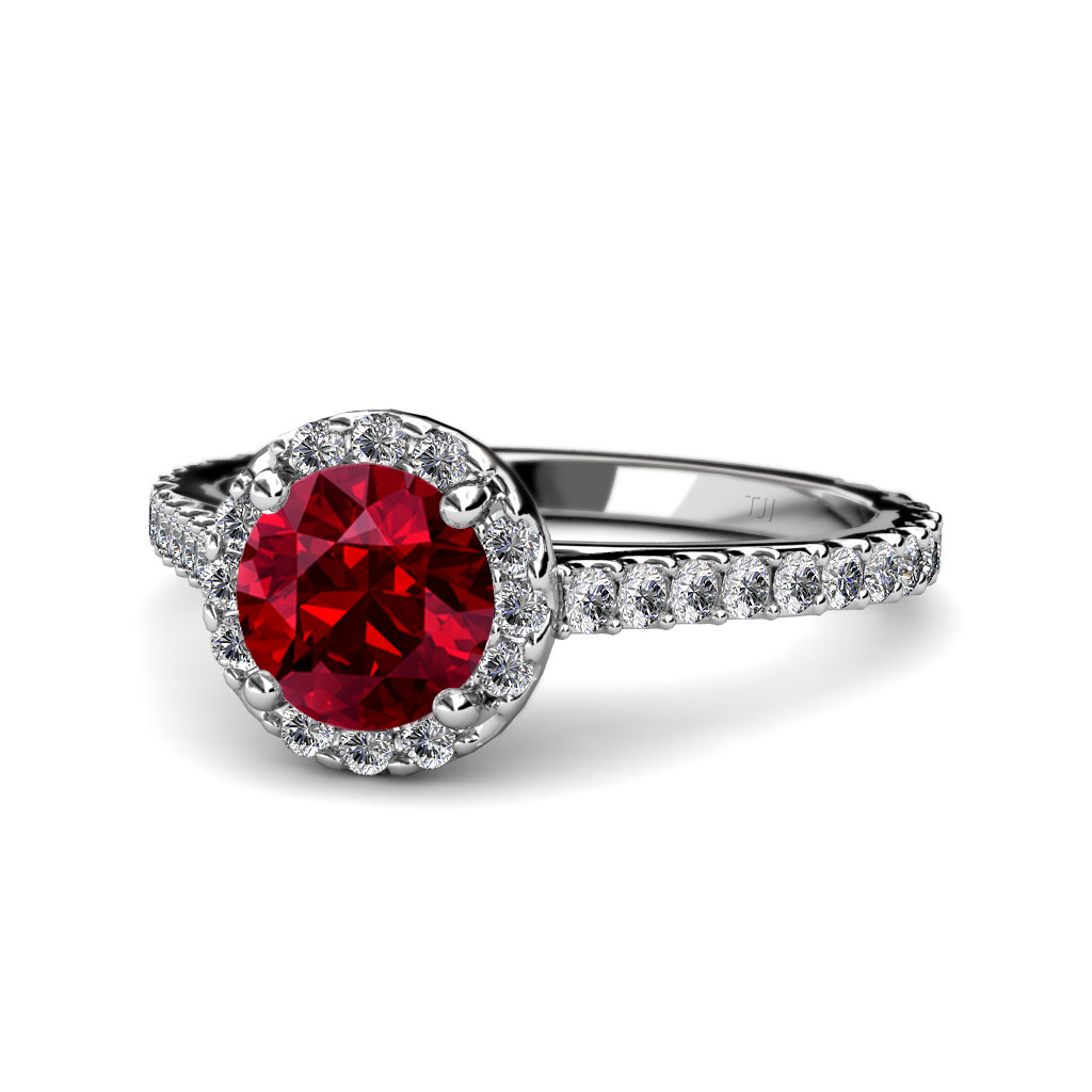 Pre-owned Trijewels Ruby And Diamond Halo Engagement Ring 1.57 Ctw In 14k Gold Jp:56022 In G - H