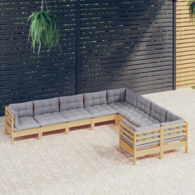 vidaXL 9 Piece Garden Lounge Set with Grey Cushions Pinewood