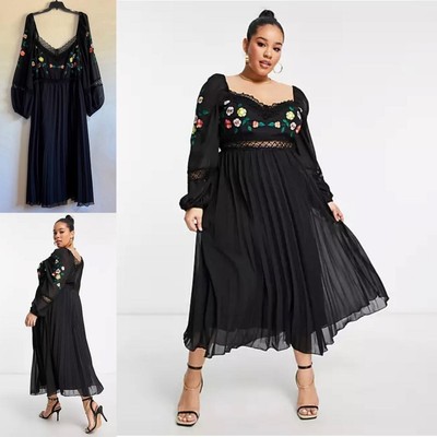 ASOS Maxi Peasant Dress Size 24 Black Chiffon Floral Embroidered Boho Goth Chic