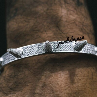 Pre-owned Nsg Men's 4.2ct D/vvs Natural Moissanite Spiked Fancy Bangle 925 Silver 8" In White