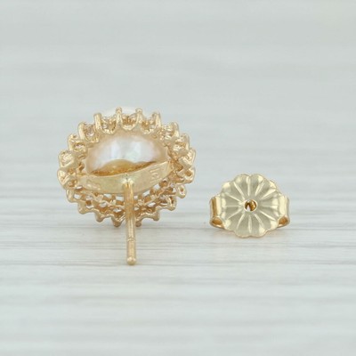 Cultured Pearl & Diamond Halo Stud Earrings - 14k Yellow Gold Pierced