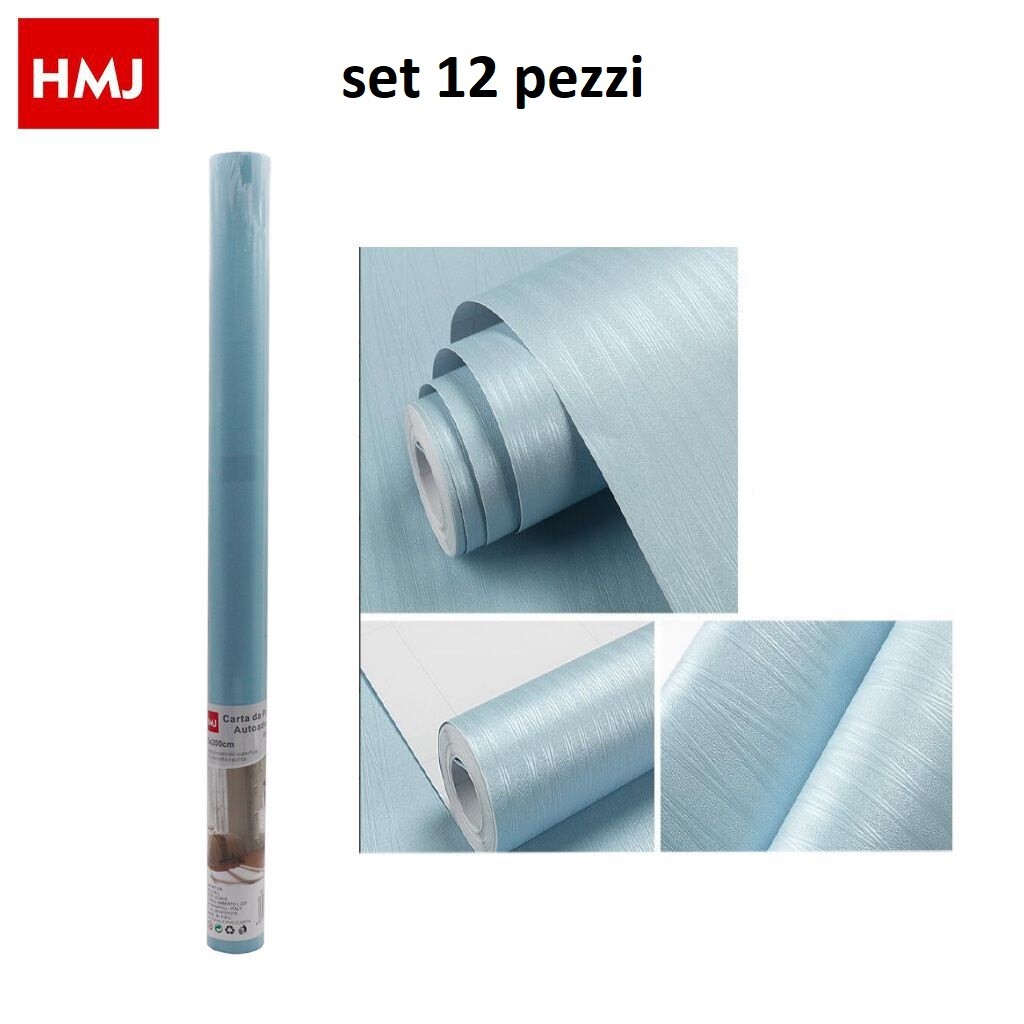Set 12 Pezzi Rotolo Adesivo Per Muri Parete In Pvc 45cmx2mt Azzurro 24061 hmj