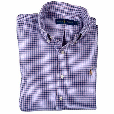 Ralph Lauren Mens Large Button Down Shirt Pink Blue Gingham Plaid Cotton L