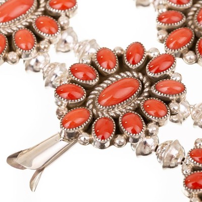 Squash Blossom Necklace Gem CORAL Sterling Silver Native American KENNETH JONES