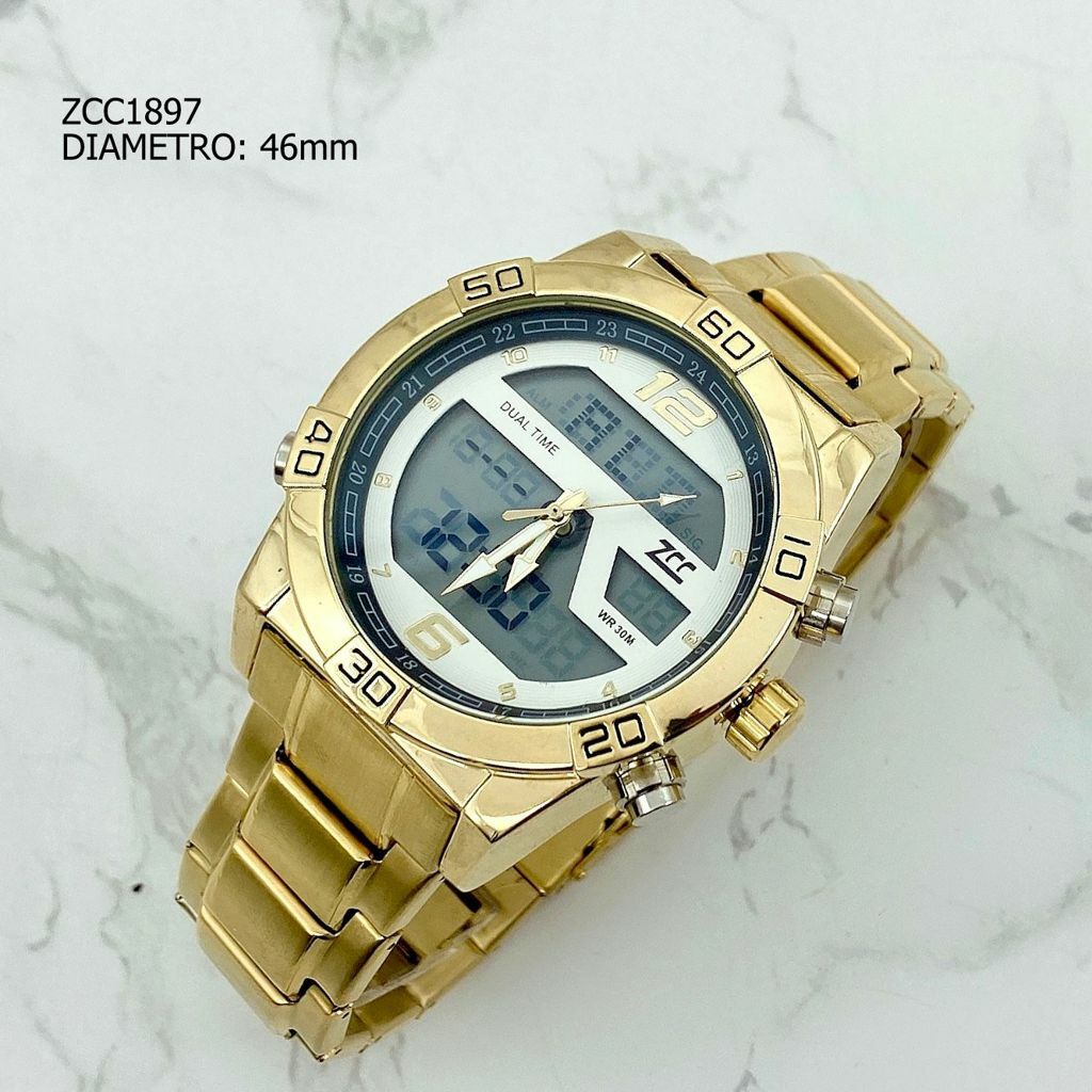 Orologio Polso ZCC 1897 Uomo Quarzo Acciaio Dual Time Oro Bianco lac