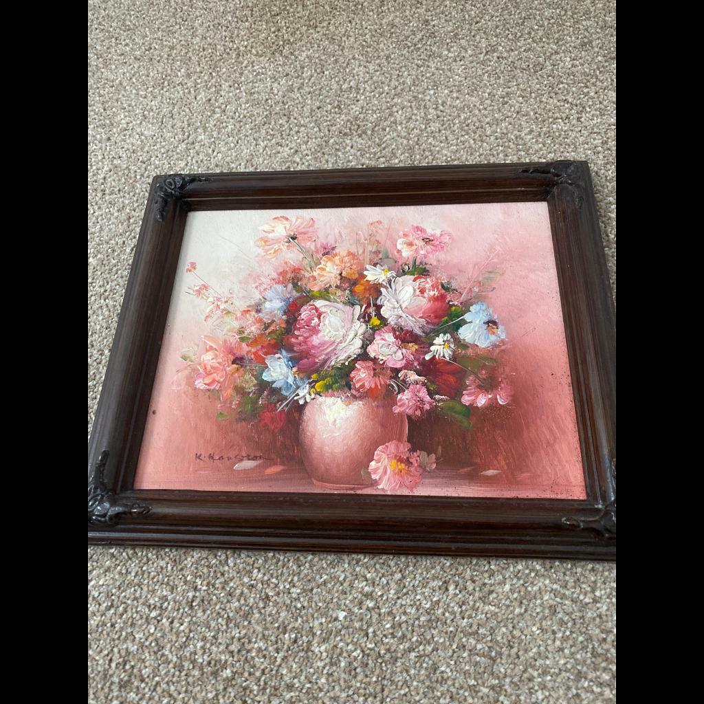 Lovely original flower picture by K Houston with dark wooden frame in
