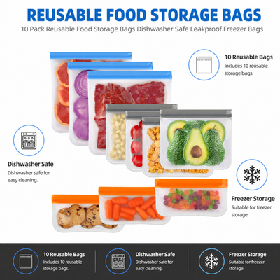 Reusable Food Storage Freezer Bags 10 Pack Leakproof Dishwasher Safe 3 Sizes