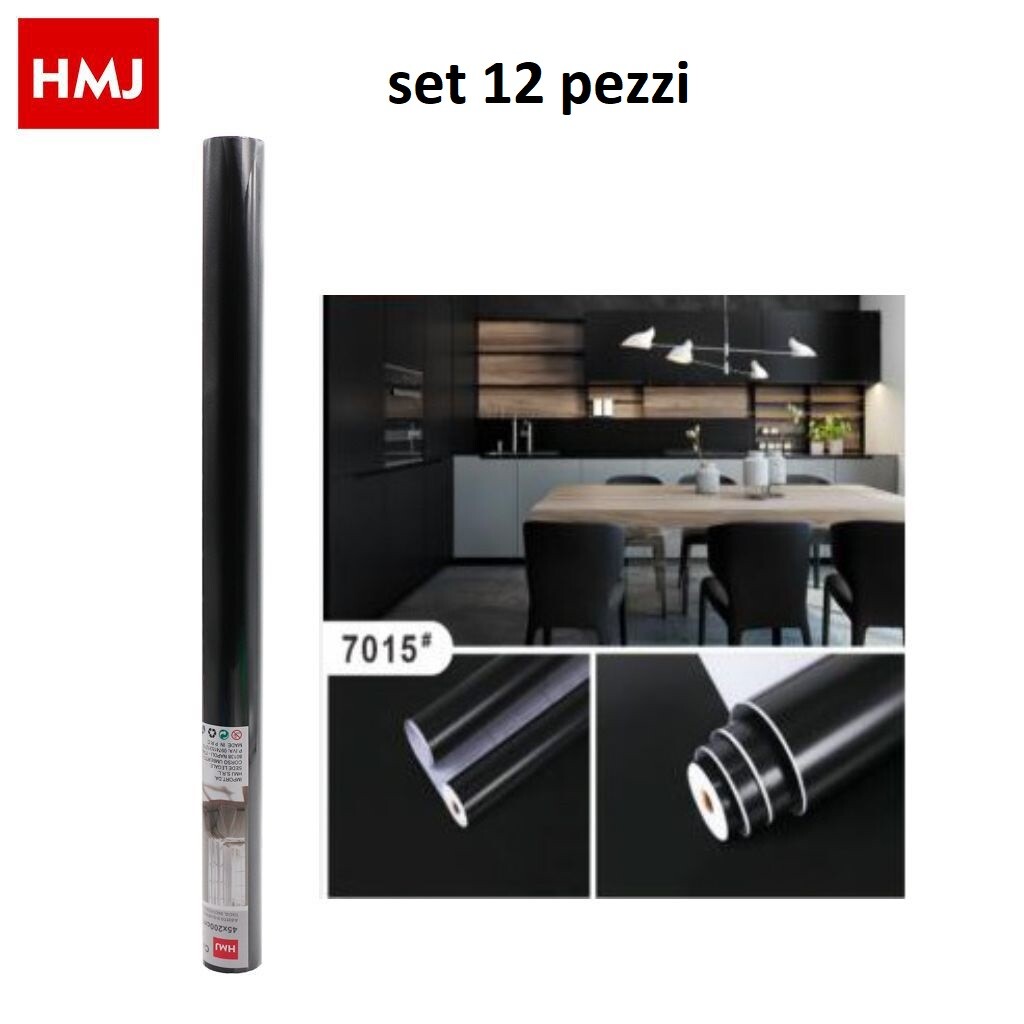 Set 12 Pezzi Rotolo Adesivo Per Muri Parete In Pvc 45cmx2mt Nera 7015 hmj