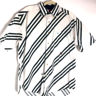 Tommy Hilfiger Mens Black White stripe button down Short Sleeve shirt Pocket M