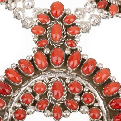 Squash Blossom Necklace Gem CORAL Sterling Silver Native American KENNETH JONES