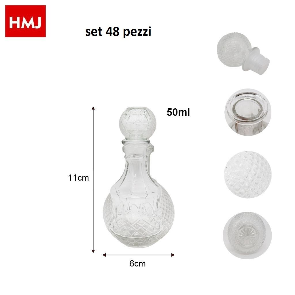 Set 48 Pezzi Bottiglia Decorata Vetro Liquori Bevande Rotonda 50ml hmj 1