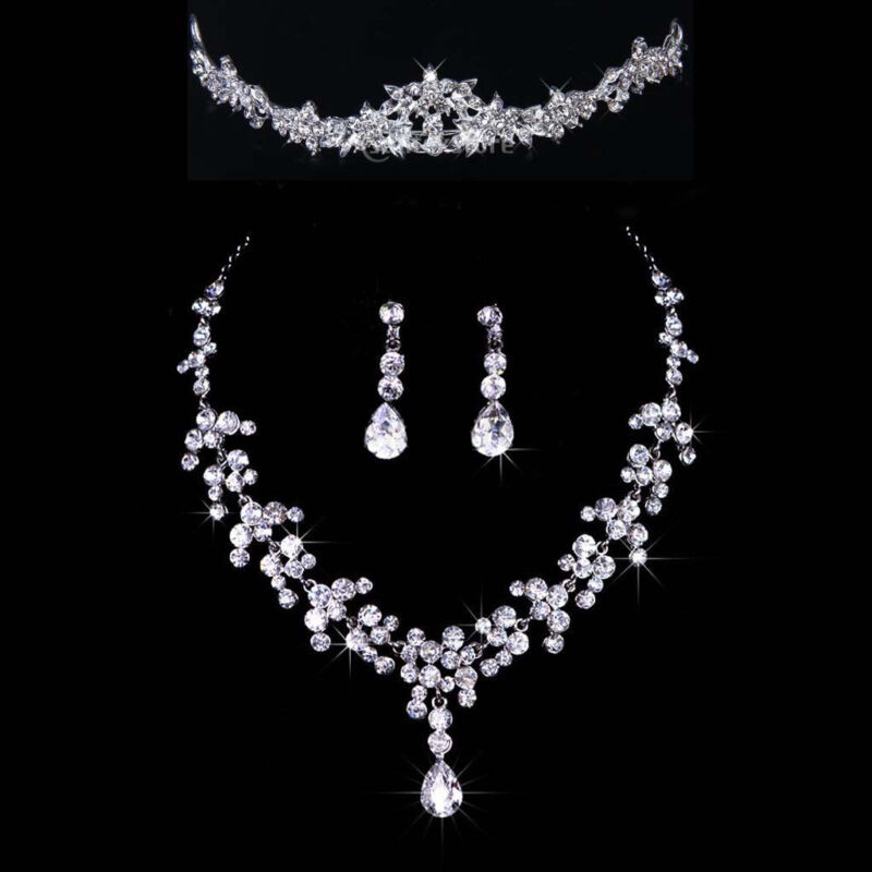 Bridal Wedding Party Jewelry Set Crystal Rhinestone Necklace & Earrings & Tiara