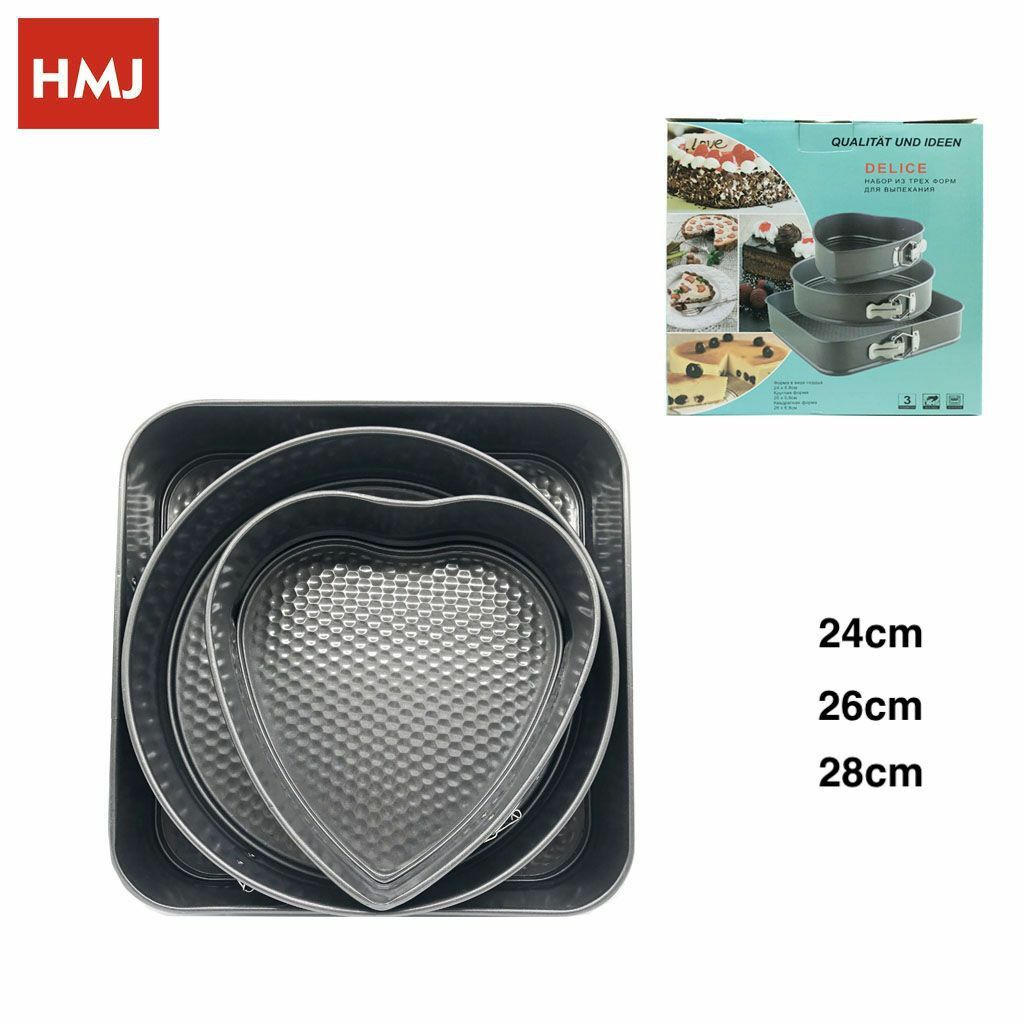 Set 3 Teglie Tortiere Antiaderenti Quadrata Tonda Cuore Torte Forno Stampo hmj