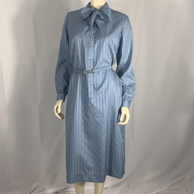 Vintage EMJ 70 s Blue Elegant Long Sleeve Bow Neck Tie Secretary Dress Size Larg