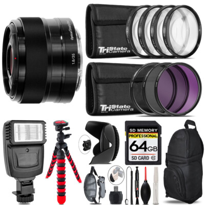 Sony E 35mm f/1.8 OSS Lens + Flash +Tripod & More -64GB Accessory Kit
