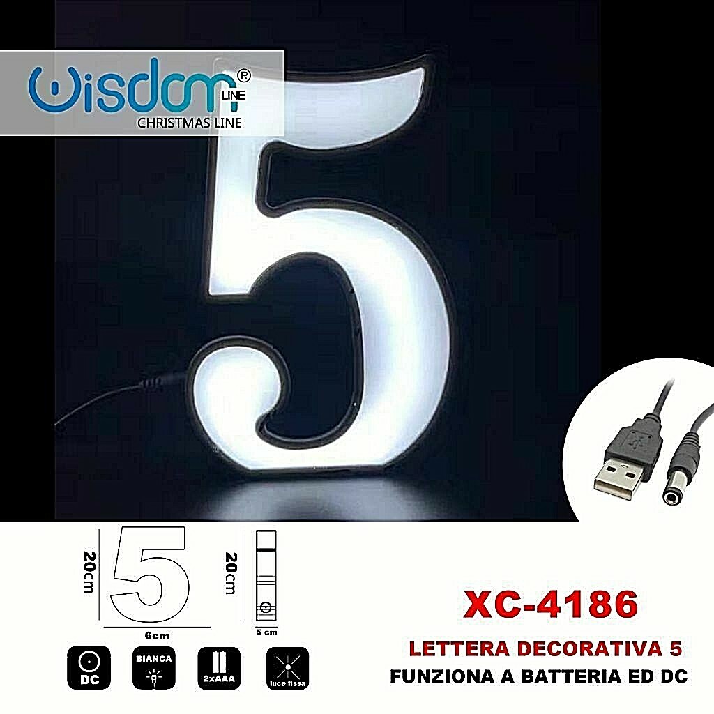 Luce Led Numeri Luminosa Decorativa Numero 5 Bianca Batteria o Dc XC-4186 wis