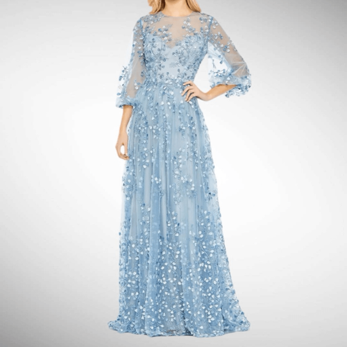 関税送料込【MAC DUGGAL】ロング ドレス パフスリーブ ネイビー Mac Duggal Embroidered Puff Sleeves A Line Gown in Blue