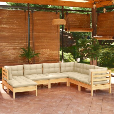 vidaXL 7 Piece Garden Lounge Set with Cream Cushions Solid Pinewood