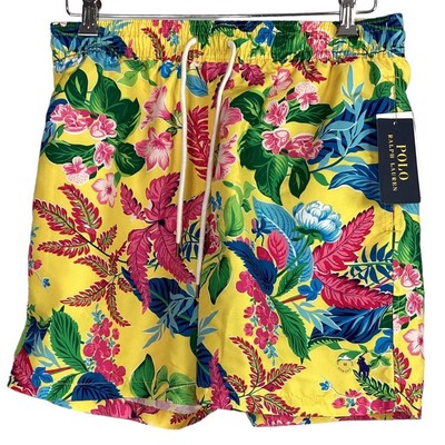 Polo Ralph Lauren Swim Trunks Mens M Yellow Floral Traveler Mid Board Shorts NEW
