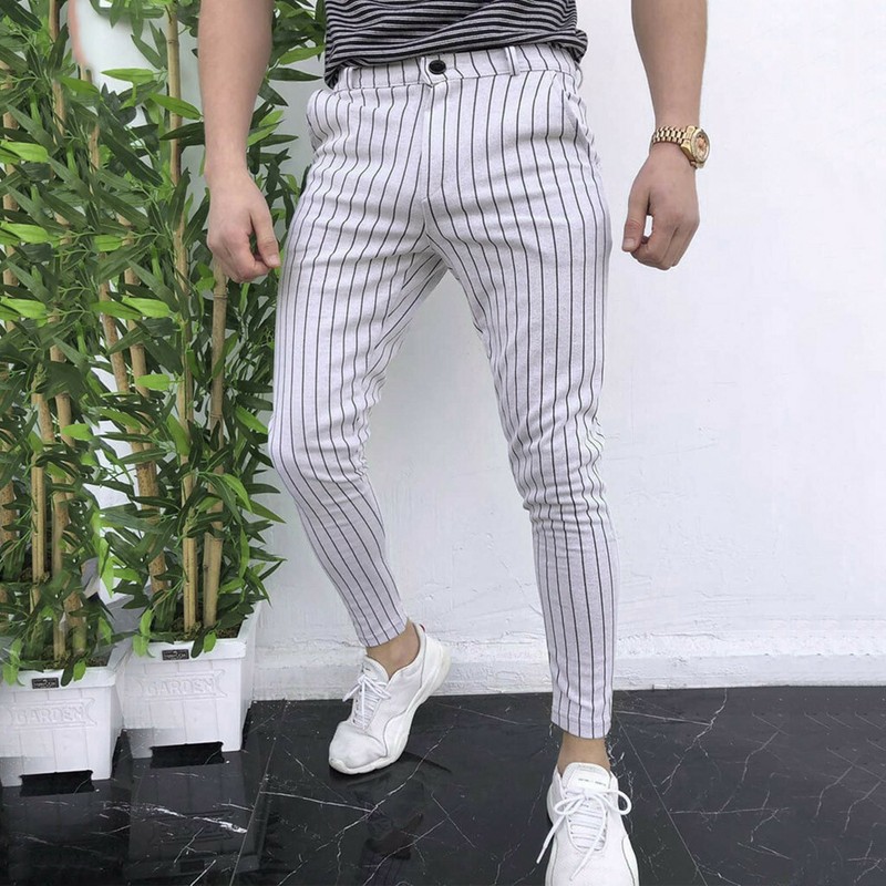 Mens Striped Pencil Pants Casual Slim Fit Skinny Business Formal Pants Trousers