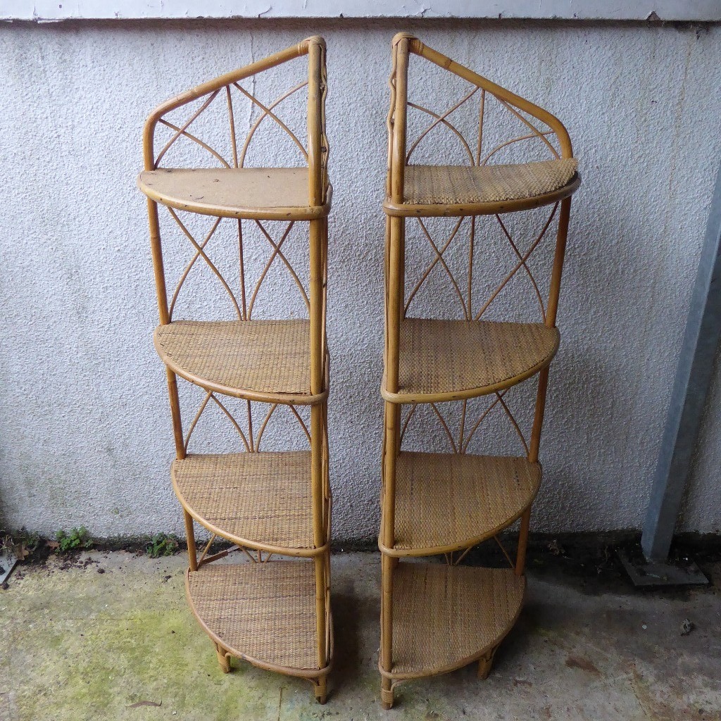 Pair of 1960's Vintage rattan/Cane/Bamboo corner display shelves, Retro