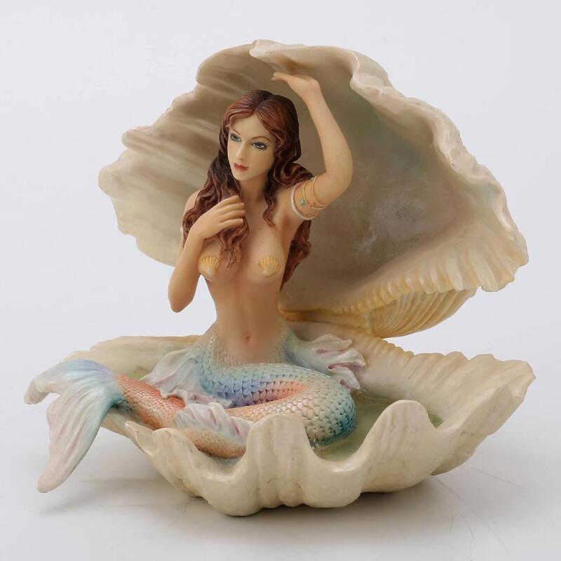 Mermaid in Seashell Polystone Resin Figurine Beach Fantasy Collectible