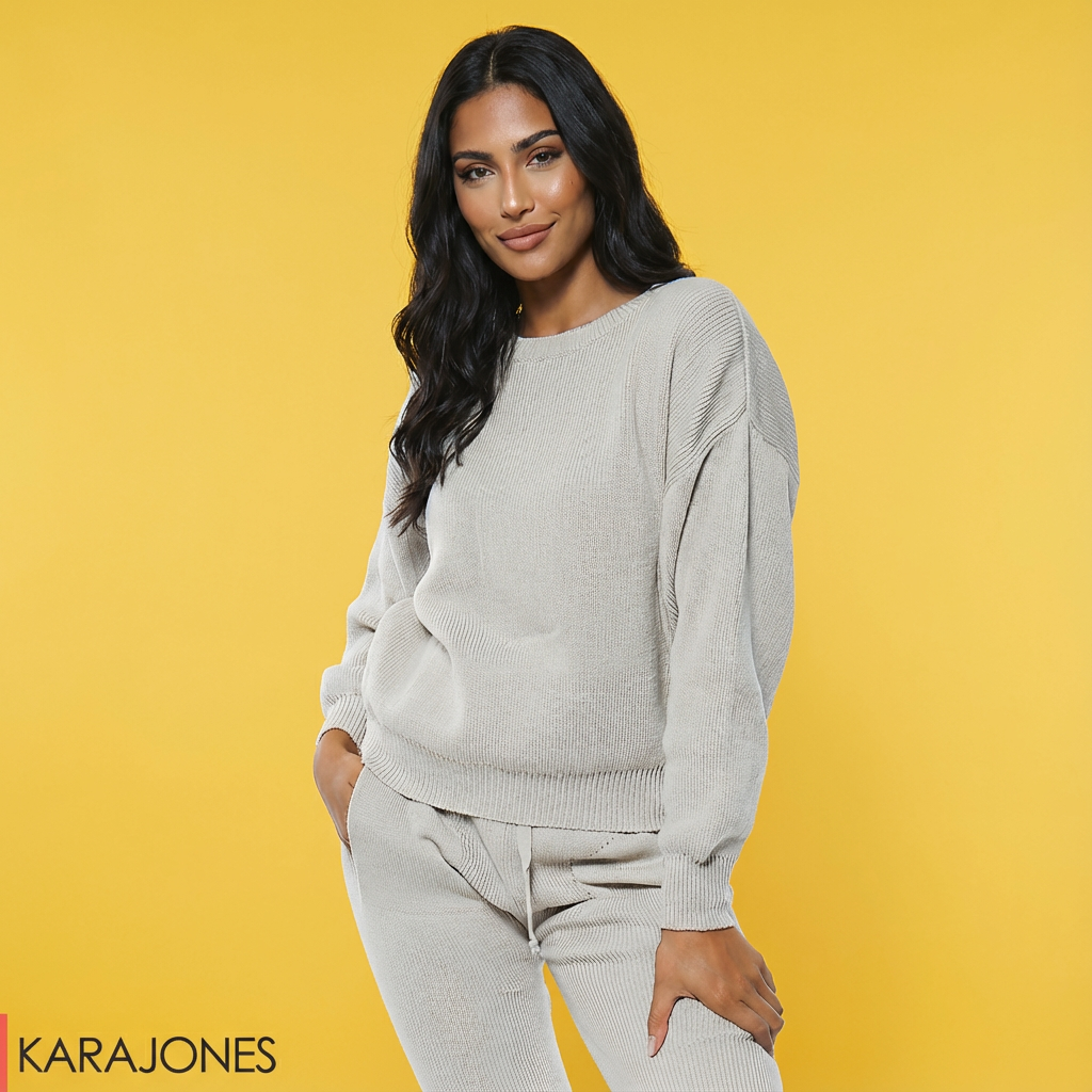 Knitted Jogger & Jumper Lounge Set Long Sleeve  Stone - KaraJones