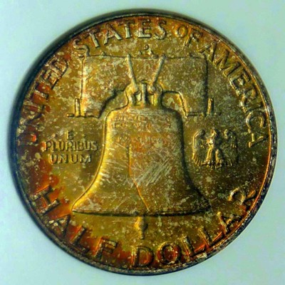 1958 D NGC MS66 FBL COLOR TONE, Red Pink Tone Full Bell Line MS66 Franklin Half