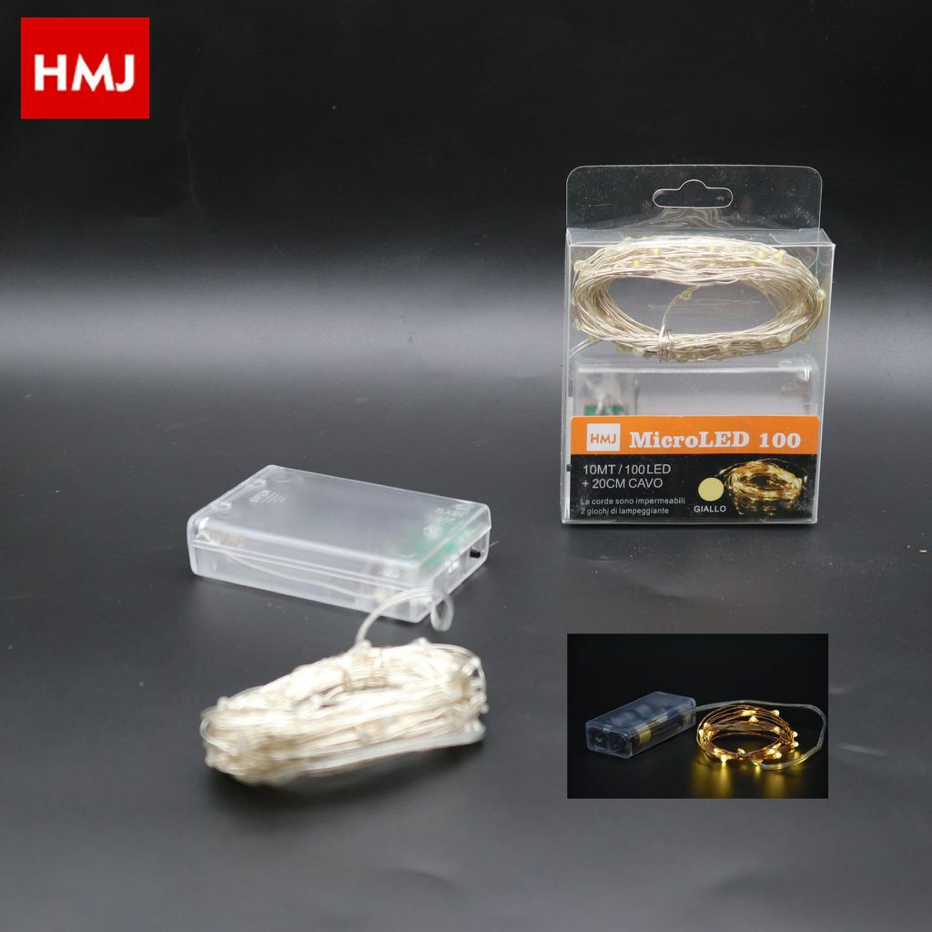 Serie Luci Natale a batteria 100 Micro LED Luce Giallo Filo Trasparente hmj