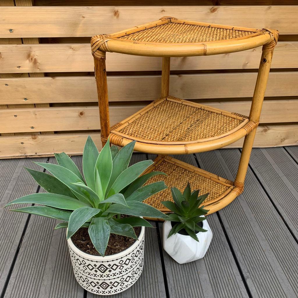 Vintage Wicker Corner Shelf Boho 1970s Rattan Bamboo Interior design