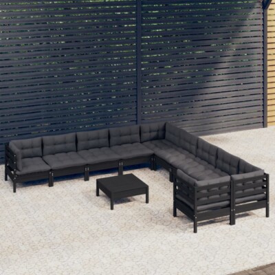 vidaXL 11 Piece Garden Lounge Set with Cushions Black Pinewood