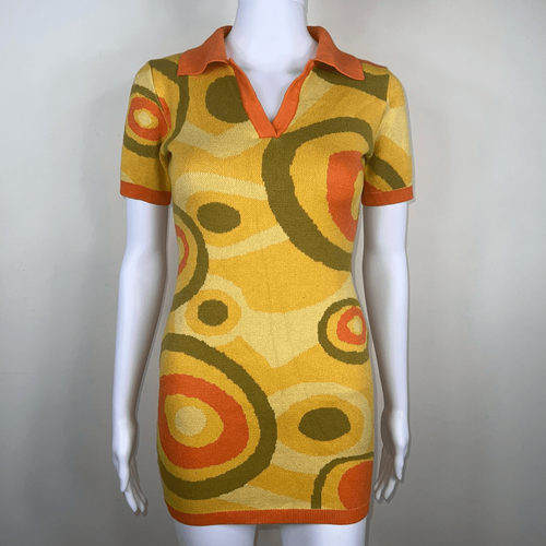 Cider イエローリボンドレス Cider Retro Patterned Collared Knit Orange & Yellow Mini