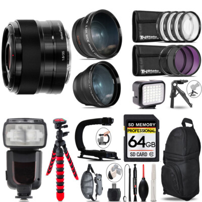 Sony E 35mm f/1.8 OSS Lens + LED Light + Tripod-64GB Accessory Bundle