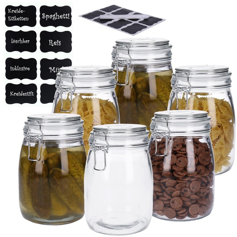 6er Set Vorratsglas Mit BÃ¼Gelverschluss Und 8 Kreidetafel- Sticker (6 X 1000ml)