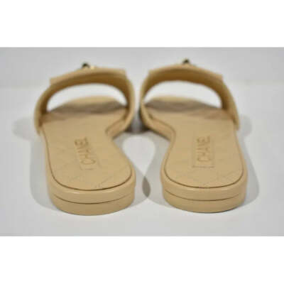 Pre-owned Chanel Rev Beige Turnlock Quilted Gold Cc Logo Mules Slide Sandal Flop Flat 40.5