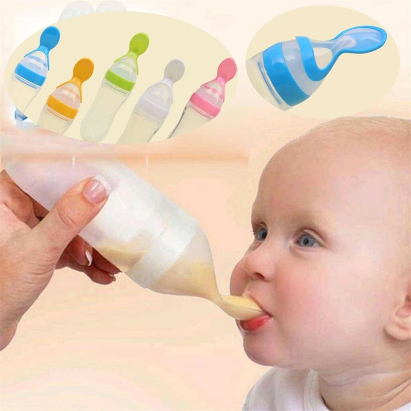 Baby Silicone Squeeze Feeding Bottle with Spoon Food Rice Cereal Feeder Tools.