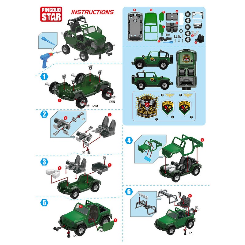 Kids DIY Military Vehicle Car Off-road Truck Toys w/ Engine Sound LED Lights