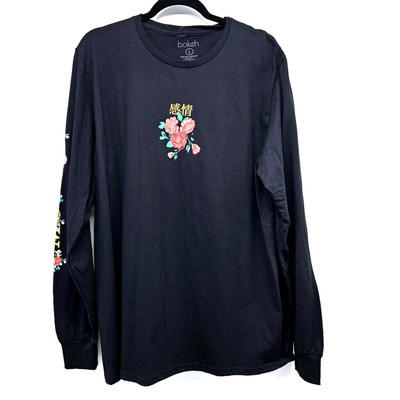 Bokeh Large Men's Long Sleeve Black t-shirt Red Roses EMOTIONS spell out NWOT