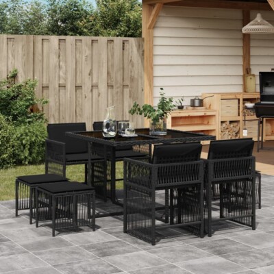 vidaXL 9 Piece Garden Dining Set with Cushions Black Poly Rattan
