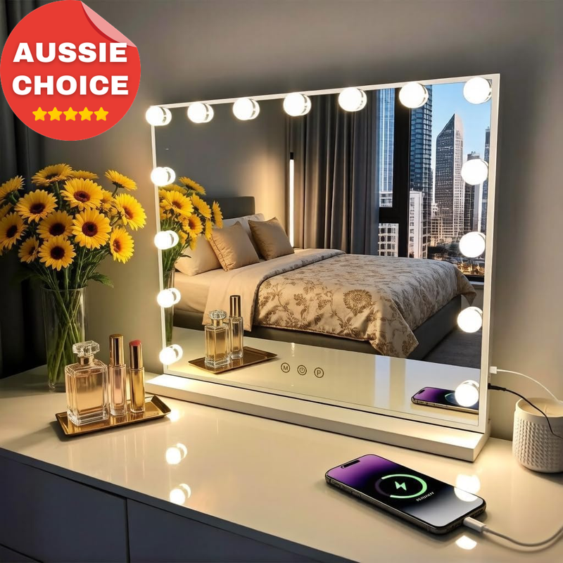 Lighted Vanity Mirror 58x46cm with 15 Dimmable LED Bulbs USB Touch Control White