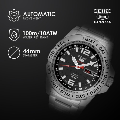 Pre-owned Seiko 5 Sports Srp683k1 Gmt Automatic Men Watch World Time Steel Black Day Date
