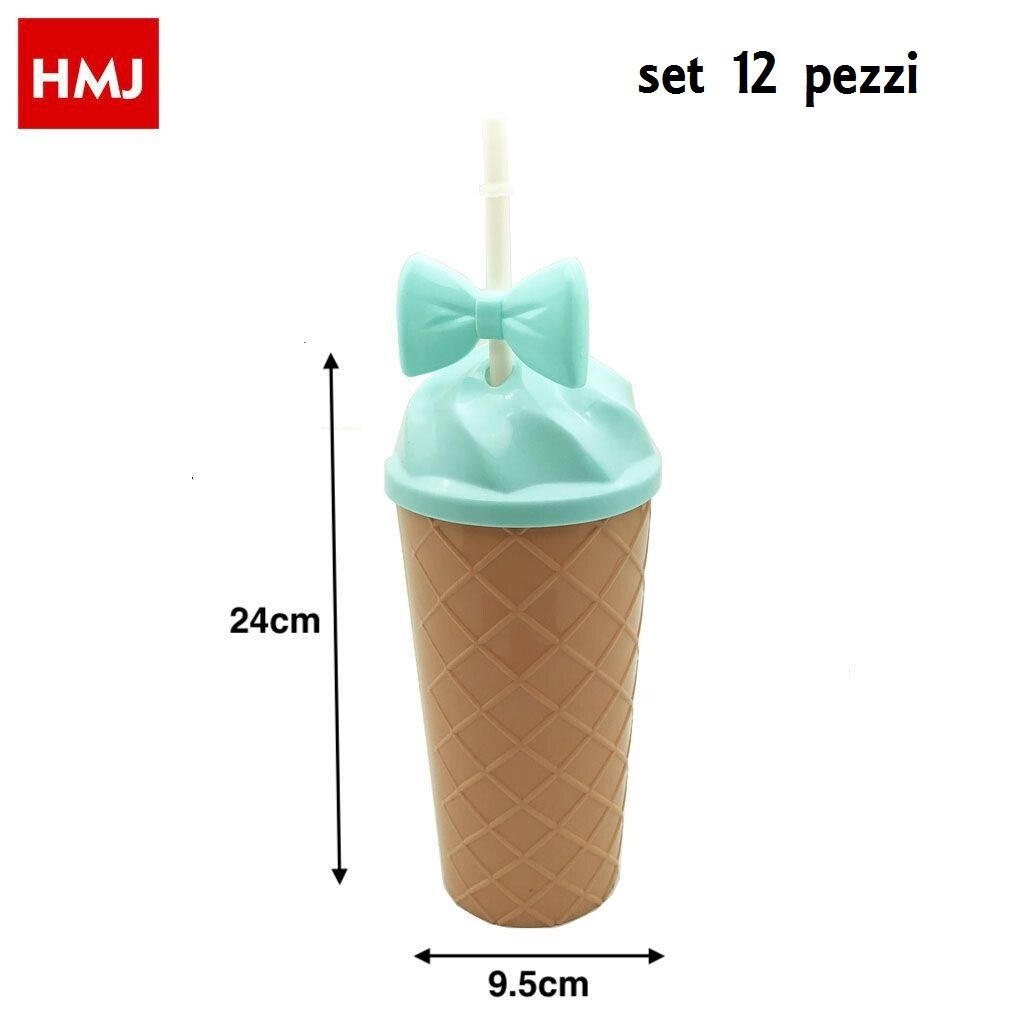 Set 12 Pezzi Bicchieri Con Coperchio E Cannuccia A Forma Di Gelato hmj