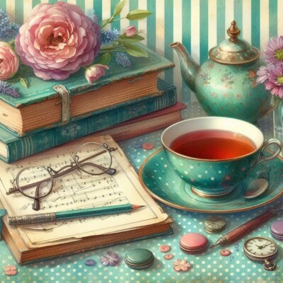 Teal Tea & Books Ephemera Collage #2 -8x8 Cotton Quilt Crafting Fabric Block