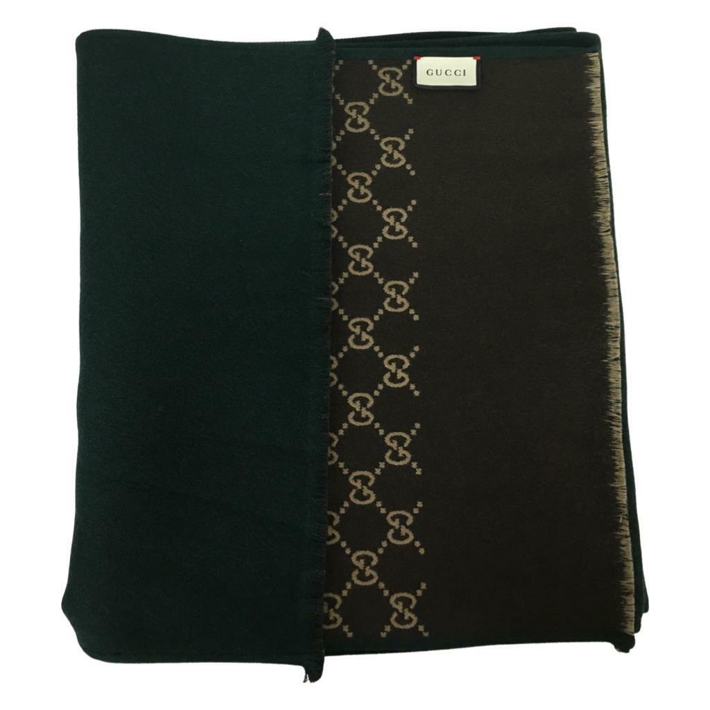 Pre-owned Gucci Men's Scarf Double Sided Green Other Side Brown Beige Monogram Gg Dm11 In Green/brown/beige