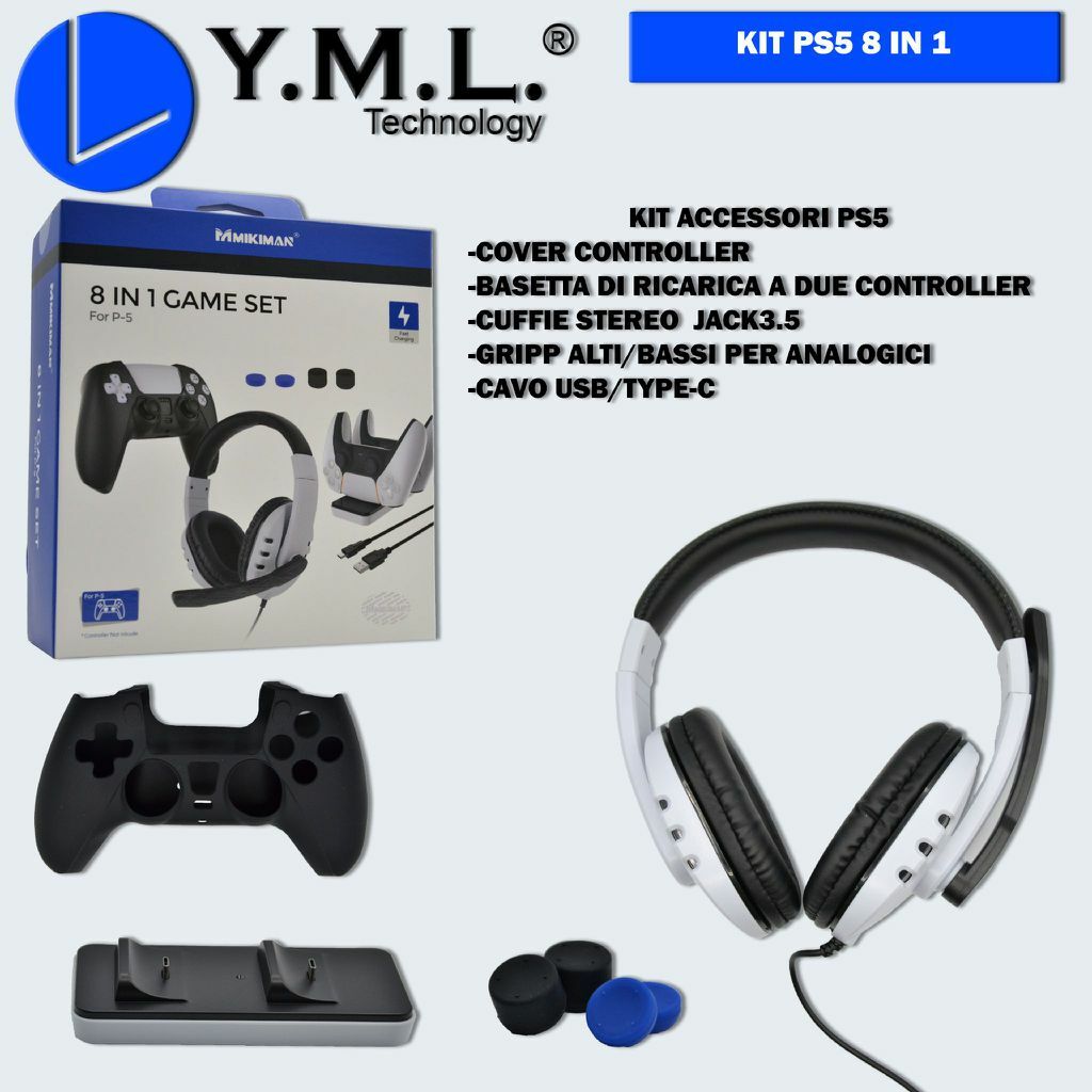 Kit Accessori 8in1 Per Ps5 Cuffie Custodia Silicone Gamepad Trigger Docking mar