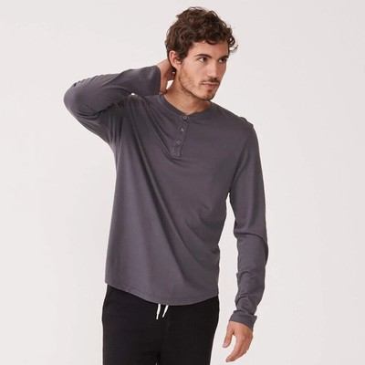 Monrow Men's Cotton/Modal Crewneck Henley Tee in Vintage Black-Large
