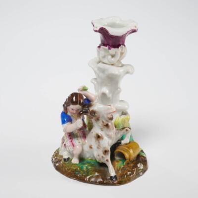 Antique Meissen Style German Porcelain Girl Riding Goat Candlestick Holder 19thC