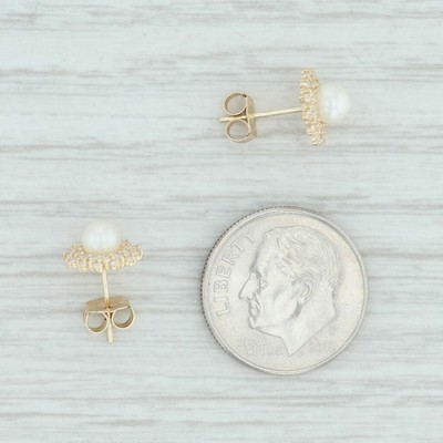 Pearl CZ Halo Flower Stud Earrings - 10k Yellow Gold Pierced Cubic Zirconias