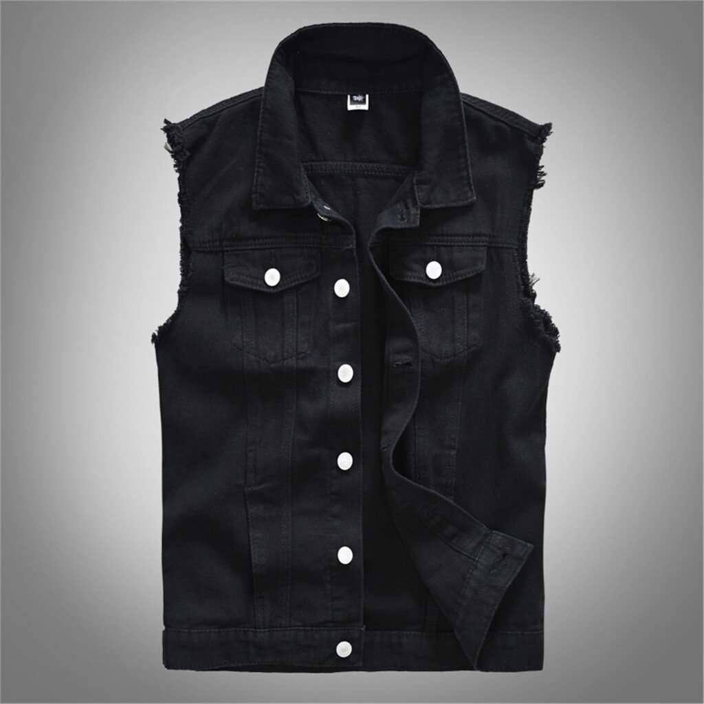 Men Denim Vest Casual Cowboy Jacket In Shoulder Blouse Sleeveless Button Tank