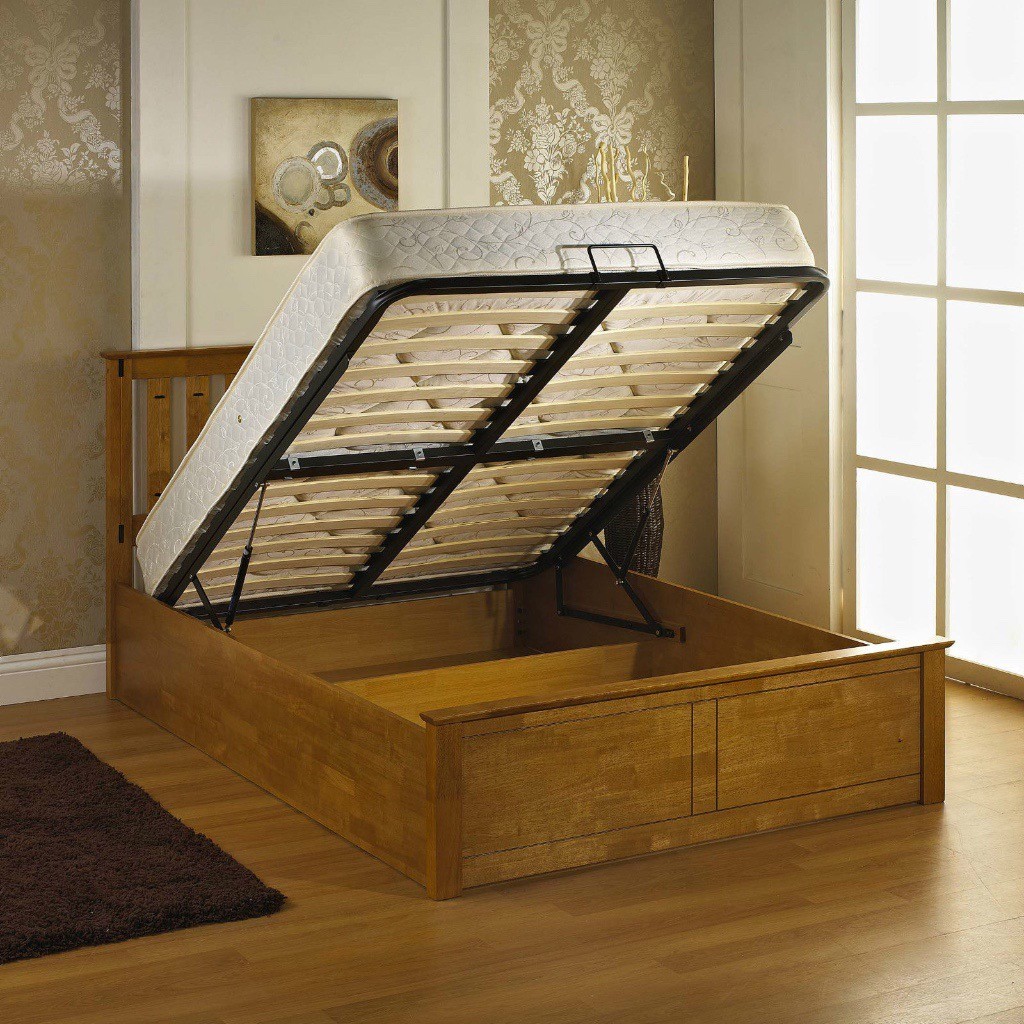 OAK FINISH 4'6FT DOUBLE SOLID WOODEN OTTOMAN STORAGE BED FRAME in